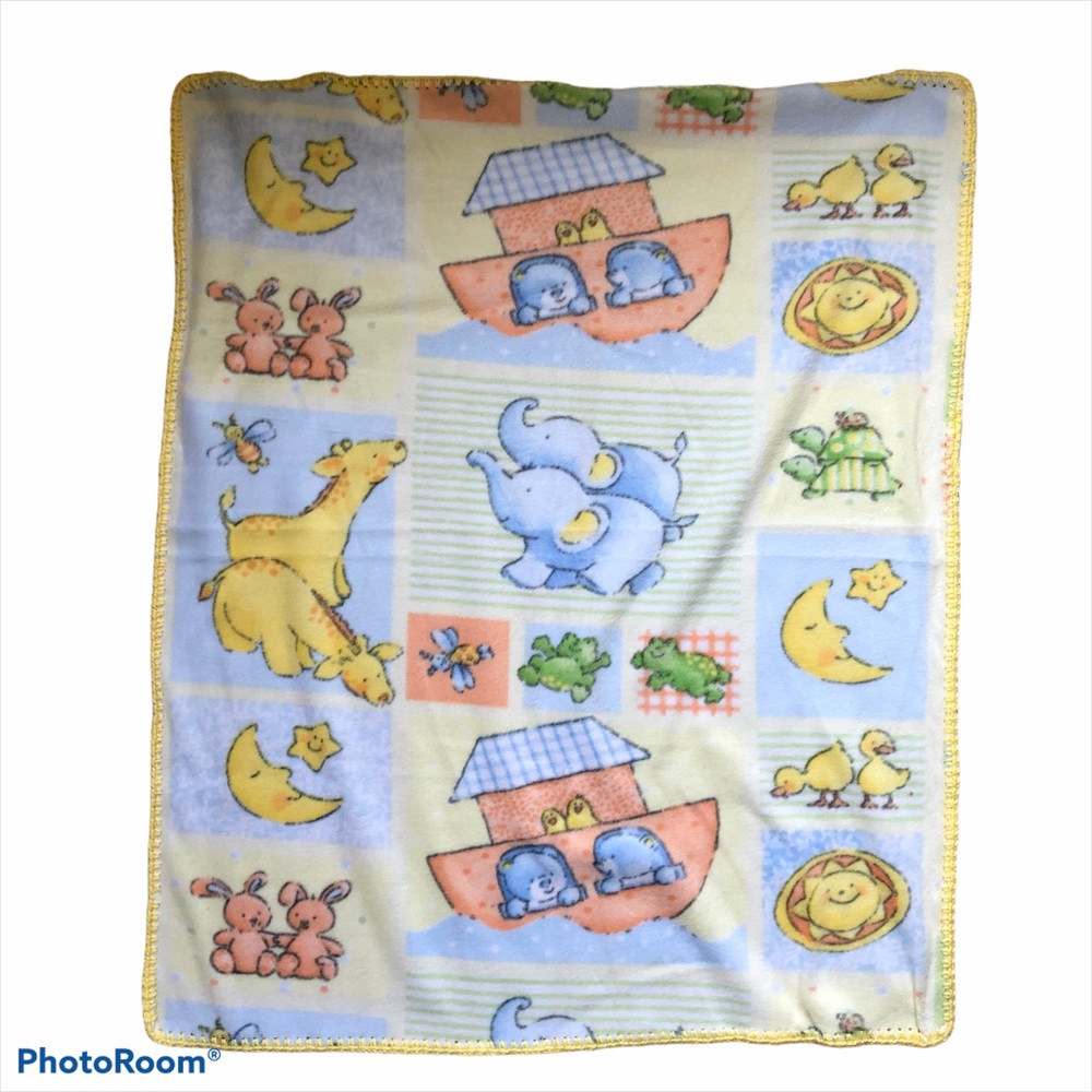Noah’s Ark Fleece Throw Yellow Blue 31” x 36”